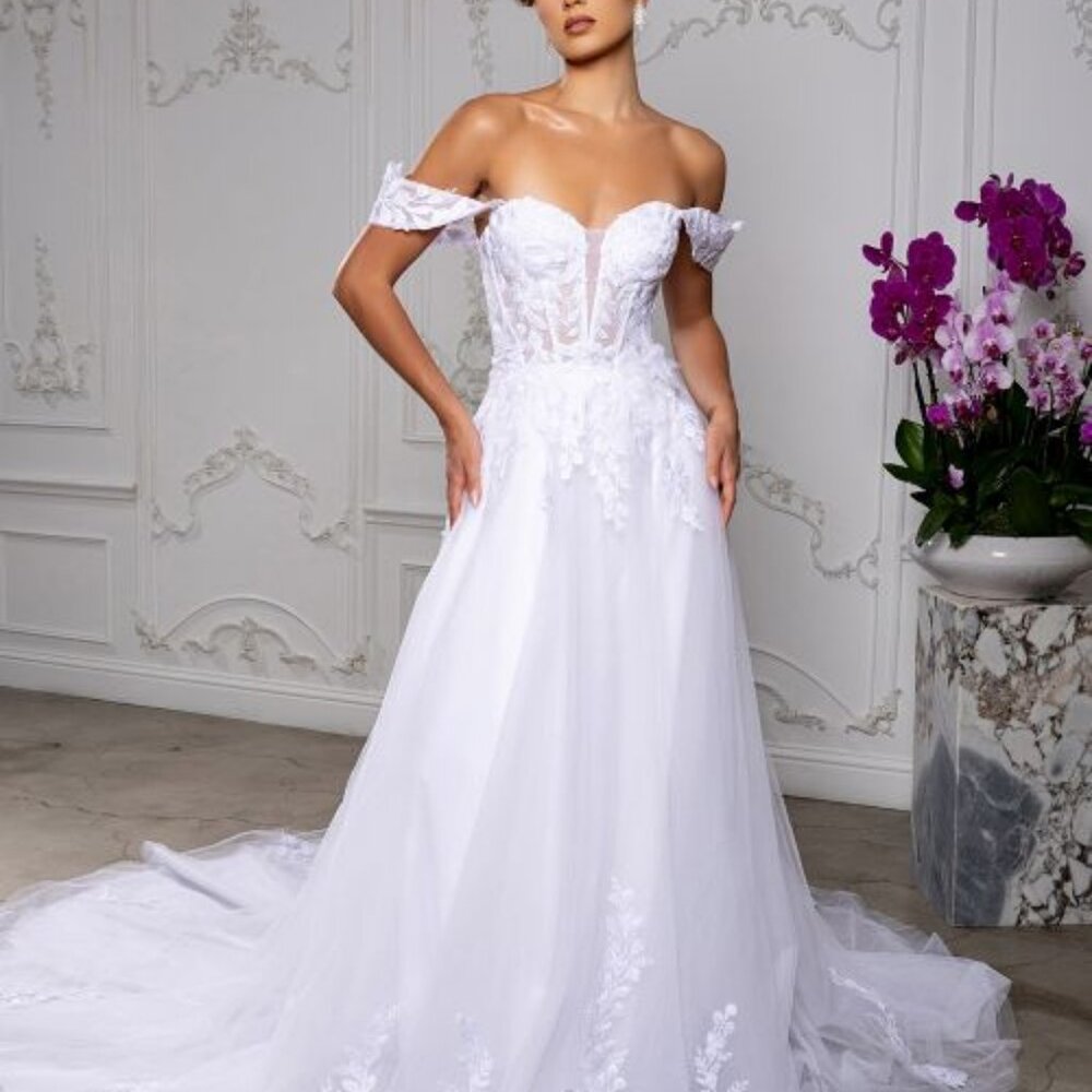 OFF WHITE WEDDING DRESS, OFF THE SHOULDER BRIDAL GOWN